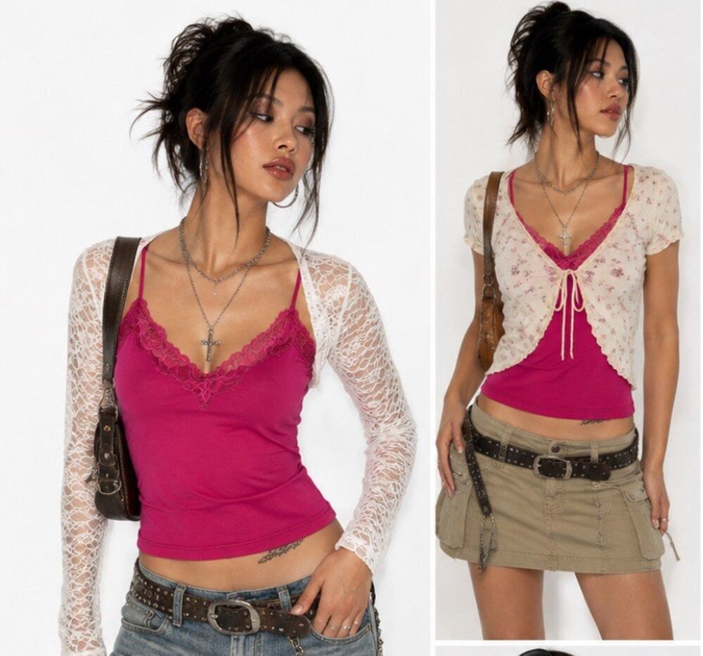 Y2K Indie Skeaze Layerings Apostrophe Petite Lace Trim Cami Tank Top Size L Pink